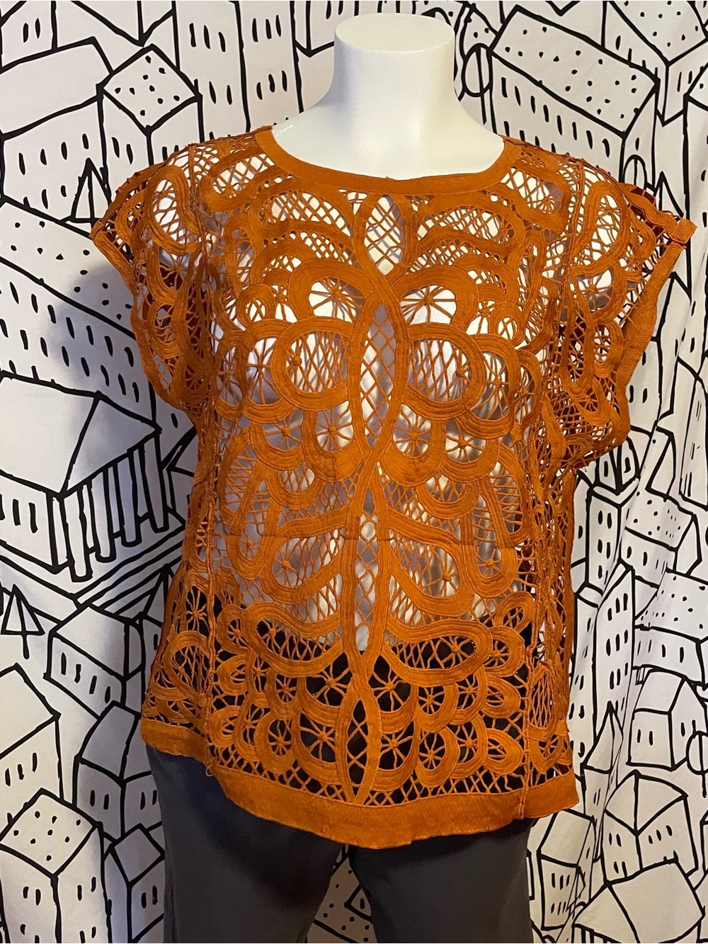 Source Unknown Crochet Lace Short-Sleeve Top in Burnt Orange